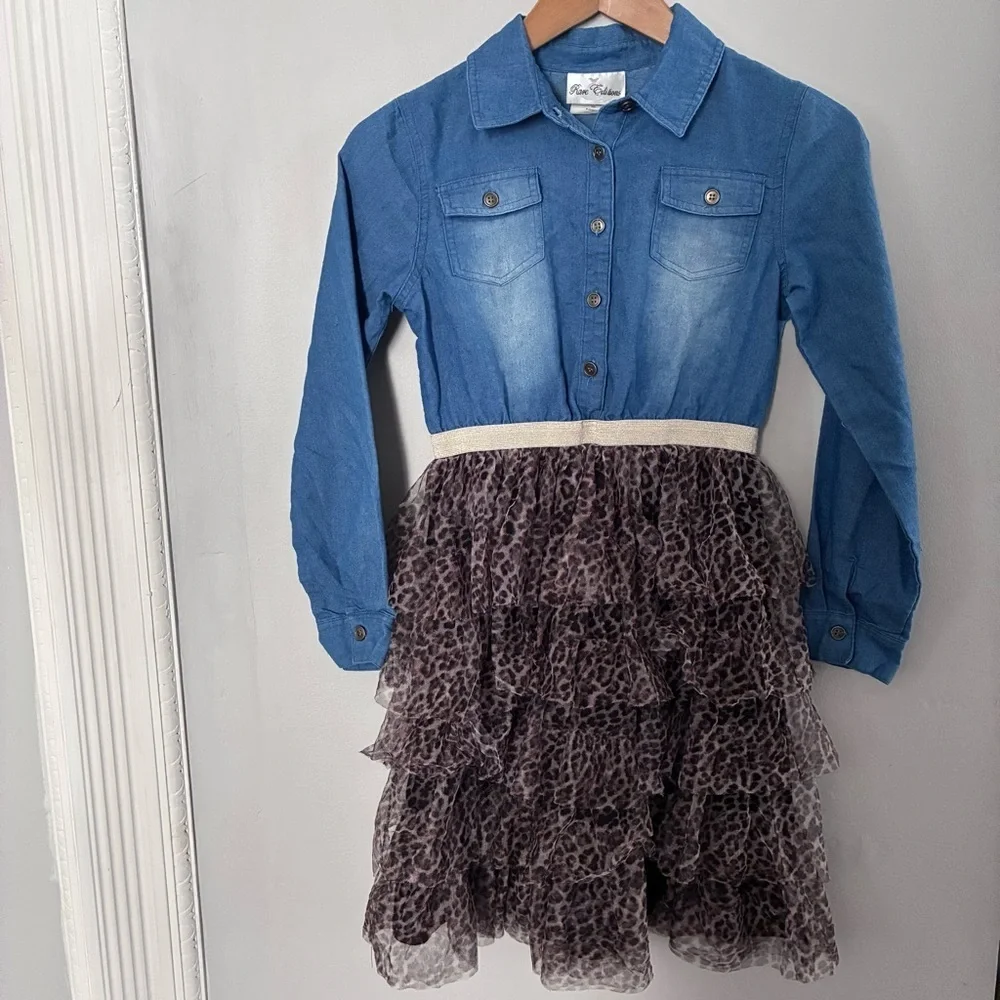 Rare Editions Blue Denim and Leopard Print Dress Sz 14